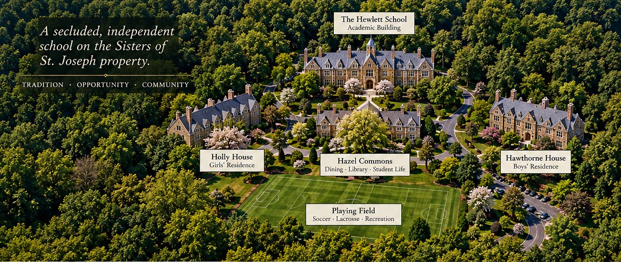 Illustrated concept of a secluded wooded school campus